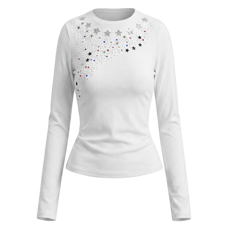 White star studded bead long sleeved base shirt for women