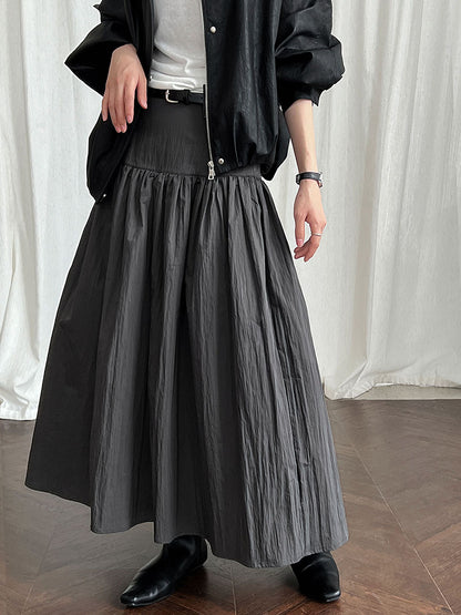 High-Waisted Cotton-Polyester Pleated Midi Skirt for Women, Solid Color Puffy A-Line Elegant Long Skirt