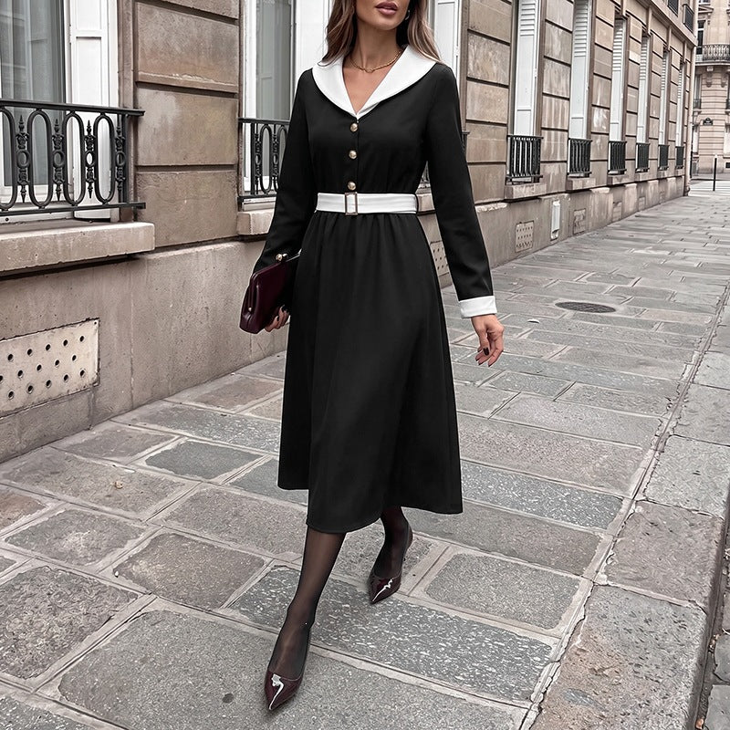 Elegant Long Sleeve V-Neck Belted Waist Long Dress for Women