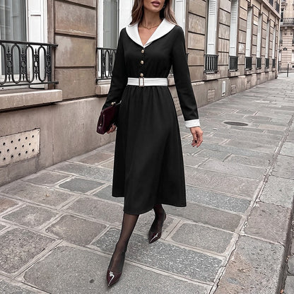 Elegant Long Sleeve V-Neck Belted Waist Long Dress for Women