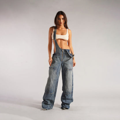 European and American zipper denim overalls women's autumn style loose casual pocket wide leg pants for women