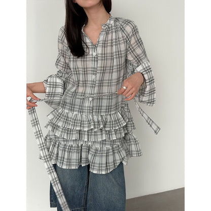 Plaid Ruffle V-Neck Tie Blouse for Women Spring Unique Design Layering Dress