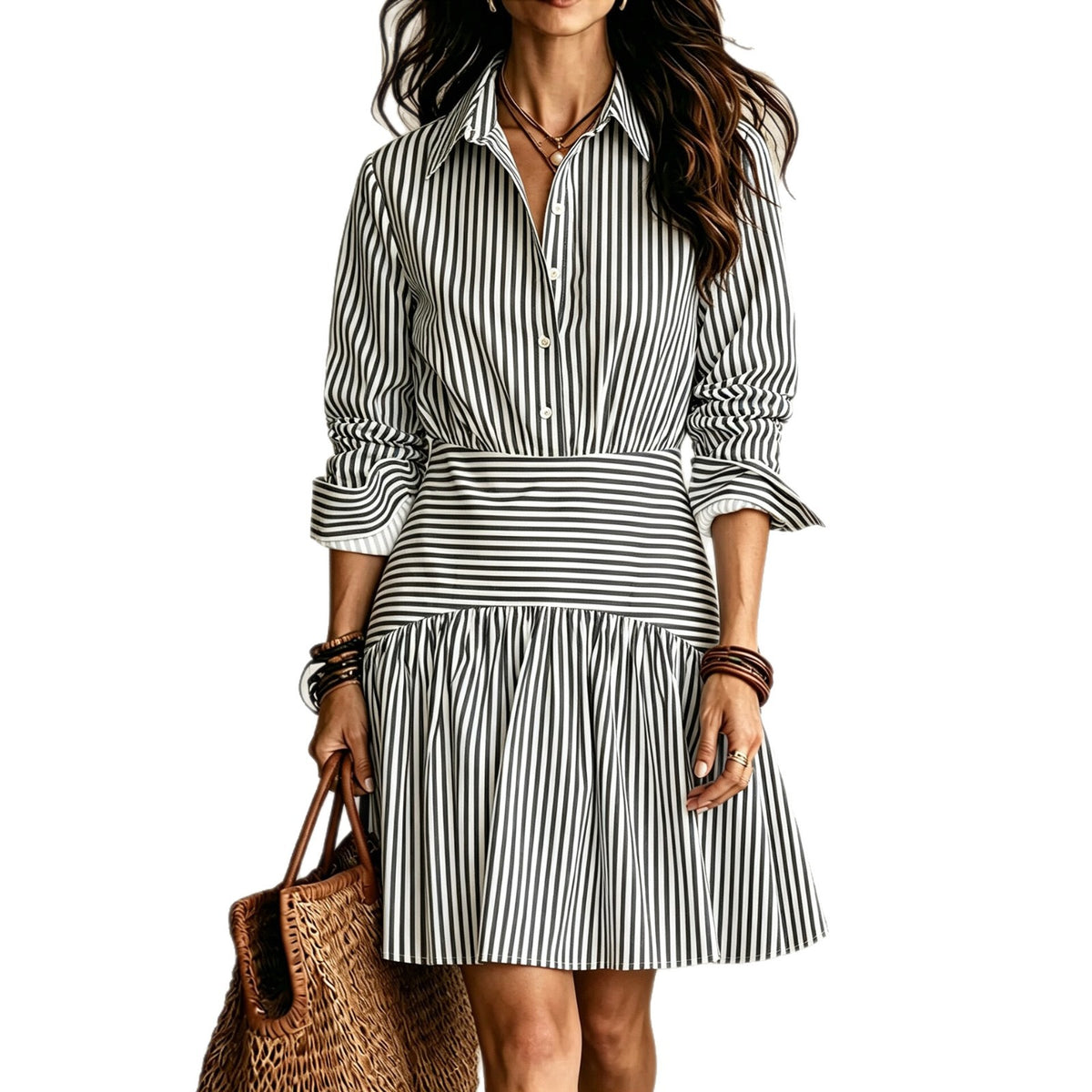Elegant Fitted Ruffle Hem Long Sleeve Collar Stripe Shirt Dress Mini Skirt
