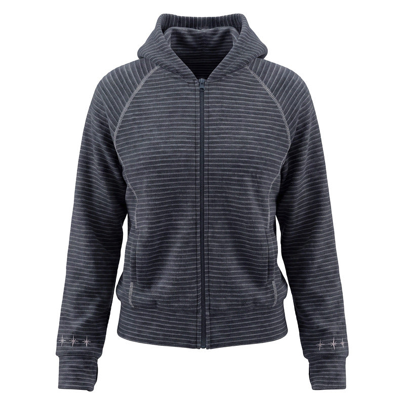 Light gray striped hooded zipper embroidered short jacket for women
