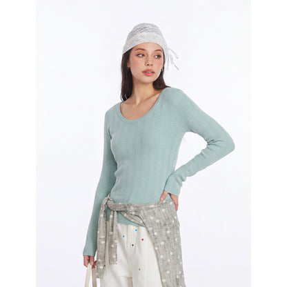 U-neck vertical groove long sleeved knitted sweater for women