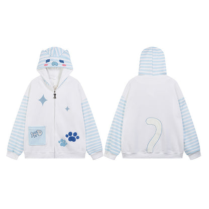 Hooded hoodie with fishbone claw print embroidered fabric striped patchwork jacket