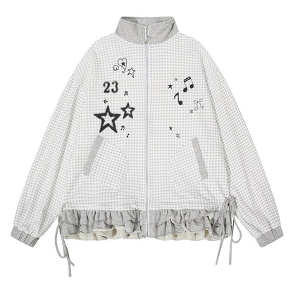 Checkered patchwork jacket with star drawstring cardigan jacket