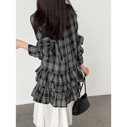 Chic Plaid Ruffle V-Neck Dress – Elegant Japanese & Korean Casual Long Sleeve Blouse