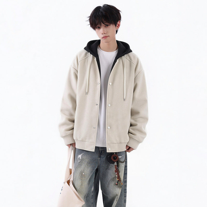 Men's  Hooded Leather Jacket Loose Fit Casual Faux Two-Piece Coat