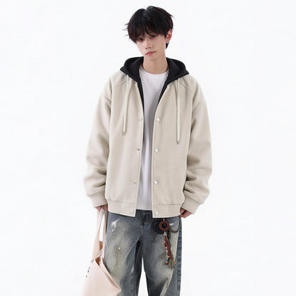 Men's  Hooded Leather Jacket Loose Fit Casual Faux Two-Piece Coat