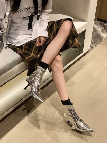 Zipper women's Martin boots with belt buckle, pointed short boots, elastic patent leather, slim boots
