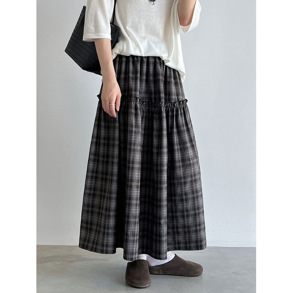 Deer West Plaid High-Waisted Patchwork Ruffle  Skirt for Women A-Line Flared Umbrella Skirt