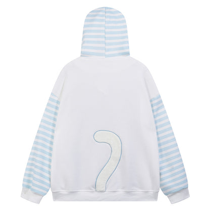 Hooded hoodie with fishbone claw print embroidered fabric striped patchwork jacket