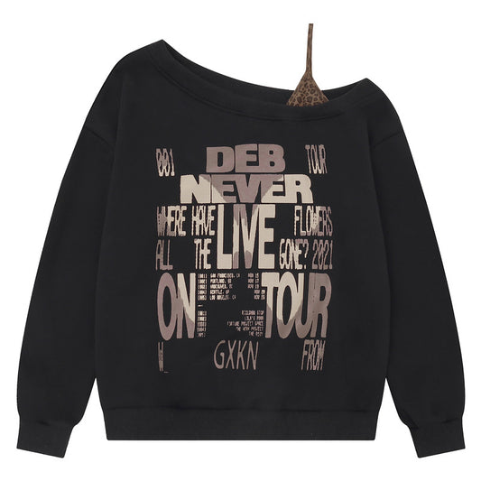 Slanted shoulder off shoulder short hoodie with stacked leopard print