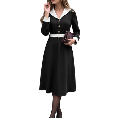 Elegant Long Sleeve V-Neck Belted Waist Long Dress for Women