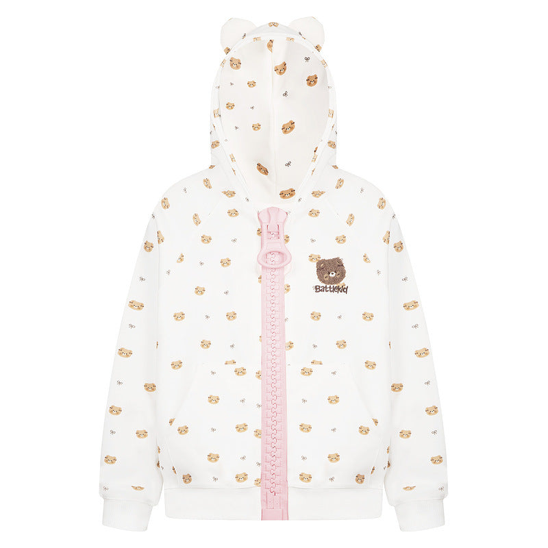 Full printed teddy bear ears hooded cardigan sweatshirt loose jacket