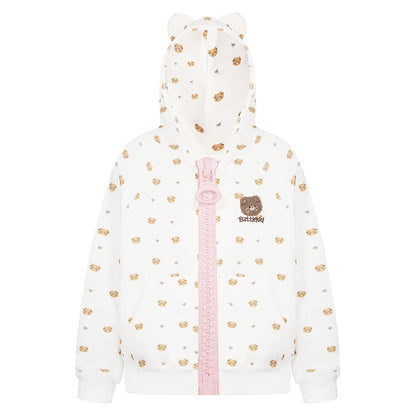Full printed teddy bear ears hooded cardigan sweatshirt loose jacket