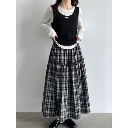 Deer West Plaid High-Waisted Patchwork Ruffle  Skirt for Women A-Line Flared Umbrella Skirt