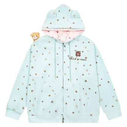 Embroidered teddy bear zipper loose hooded jacket