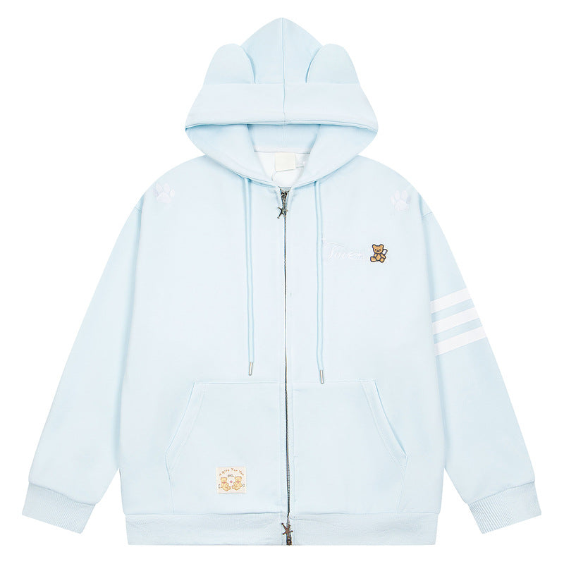 Pink teddy bear embroidered three bar cardigan sweatshirt