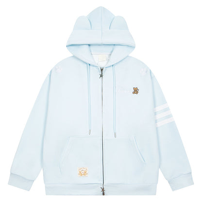 Pink teddy bear embroidered three bar cardigan sweatshirt