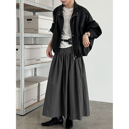 High-Waisted Cotton-Polyester Pleated Midi Skirt for Women, Solid Color Puffy A-Line Elegant Long Skirt