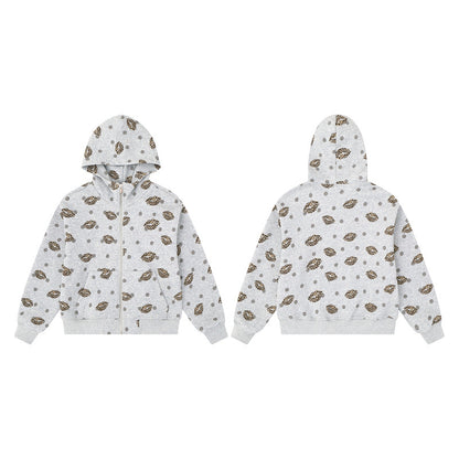 Retro leopard print red lipped women's floral gray hooded cardigan