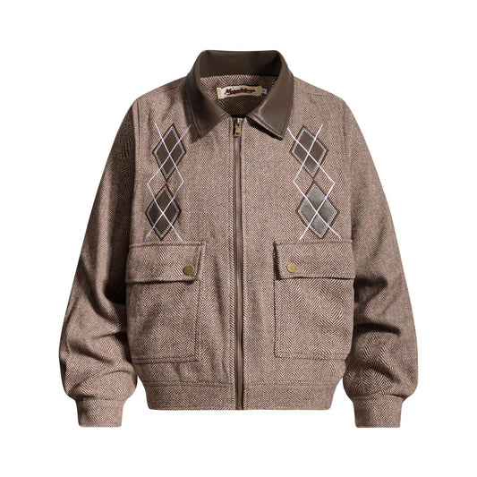 Leather collar herringbone design jacket