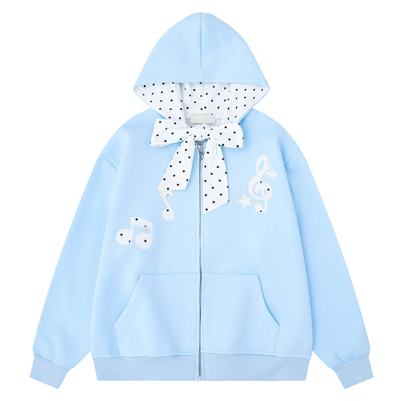 Light grey hooded zipper sweatshirt jacket with bow tie