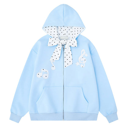 Light grey hooded zipper sweatshirt jacket with bow tie