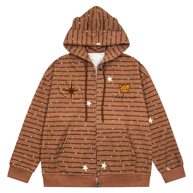Striped star teddy bear loose shoulder zipper sweatshirt jacket