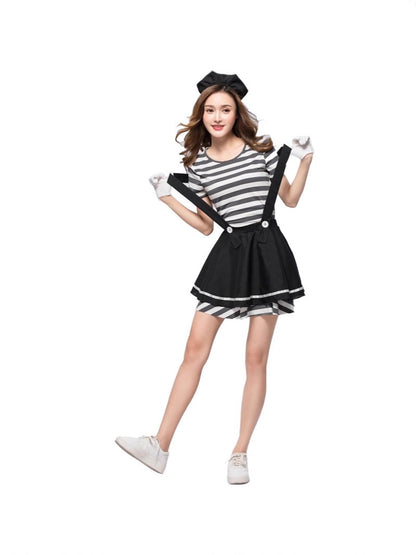 Halloween Striped Prisoner Costume Stage Mime Clown Tutu Dress Role Play Cosplay Costume