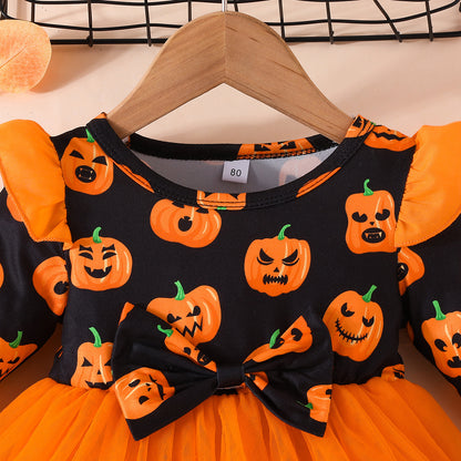 Halloween Girl's Pumpkin Dress Long Sleeve Tulle Princess Dress Halloween Party Performance Costume