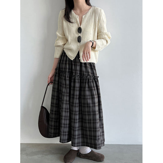 Deer West Plaid High-Waisted Patchwork Ruffle  Skirt for Women A-Line Flared Umbrella Skirt