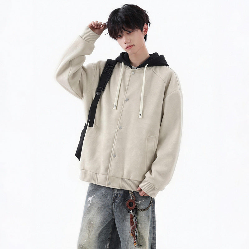 Men's  Hooded Leather Jacket Loose Fit Casual Faux Two-Piece Coat