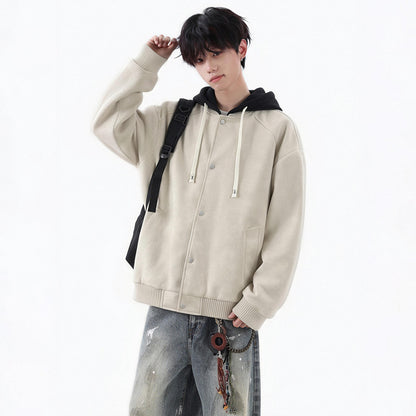 Men's  Hooded Leather Jacket Loose Fit Casual Faux Two-Piece Coat