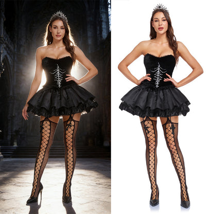 Halloween Gothic Black Widow Rose Puff Sleeveless Mini Dress Witch Devil Vampire Costume