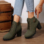 Chunky Heel Women's Leather Boots Low Cuff Round Toe High Heel Lace-Up Style with Heightening and Slimming Effect