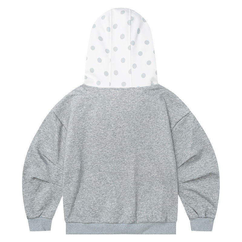 Retro grey patchwork polka dot rabbit ear hat long sleeved hoodie
