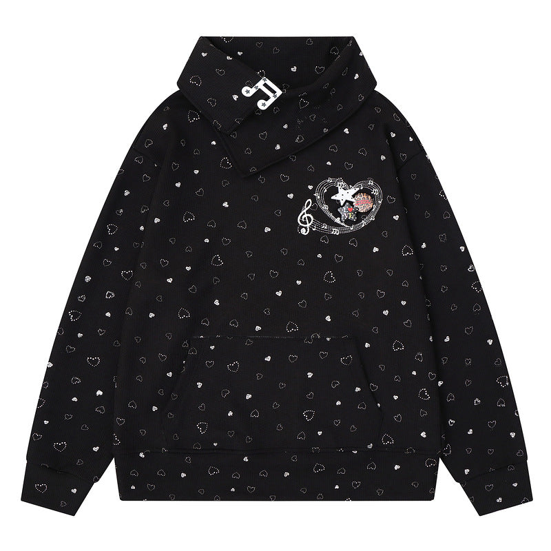 Light gray slanted collar hoodie with musical notes and heart embroidery