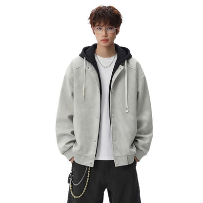 Men's  Hooded Leather Jacket Loose Fit Casual Faux Two-Piece Coat