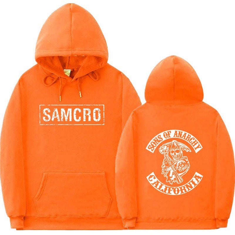 Casual Couple Pullover Fleece-Lined Hooded Sweatshirt with SAMCRO Print