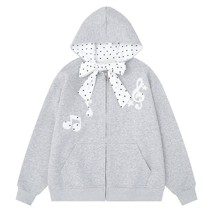 Light grey hooded zipper sweatshirt jacket with bow tie
