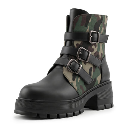High Heel Thick Sole Belt Buckle Camouflage Low Cut Women's Boots Fashionable Large Made to order, ships in 7 days