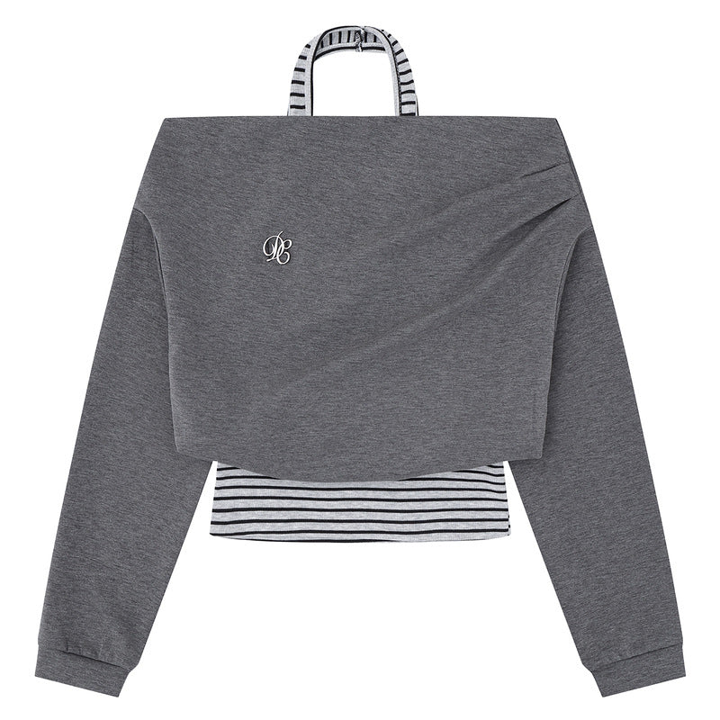 Grey toned one shoulder fake two piece long sleeved top