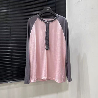 Color Block Splicing Long Sleeve Round Neck Women's T-Shirt