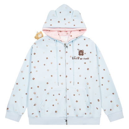 Embroidered teddy bear zipper loose hooded jacket