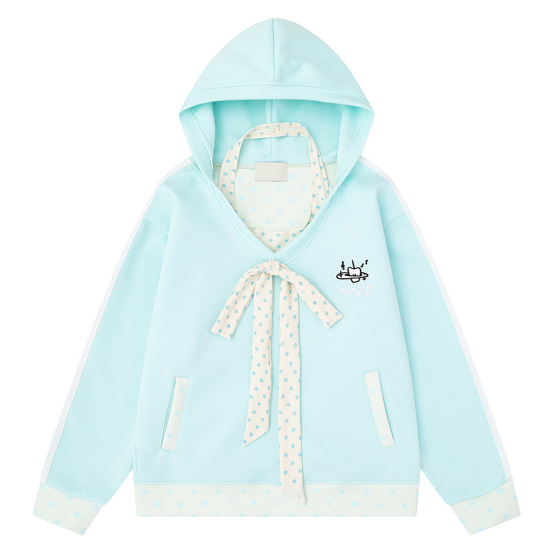 Sweet pink polka dot patchwork hooded sweatshirt