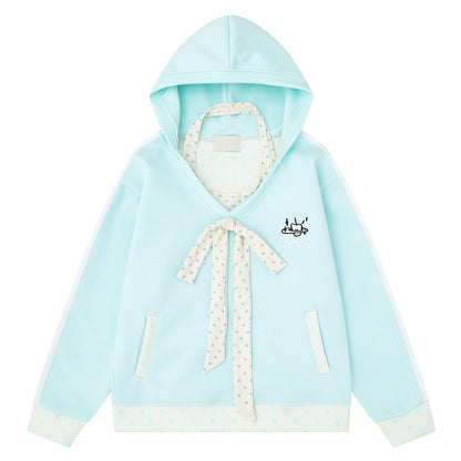 Sweet pink polka dot patchwork hooded sweatshirt
