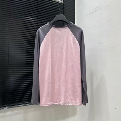 Color Block Splicing Long Sleeve Round Neck Women's T-Shirt